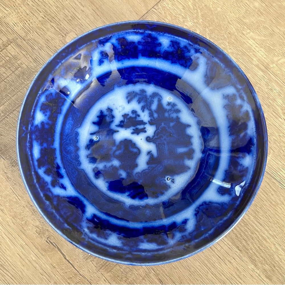 Antique Mid 19th C. PW & Co. Flow Blue Pearl Stone Temple Pattern‎ Dish Plate 6"